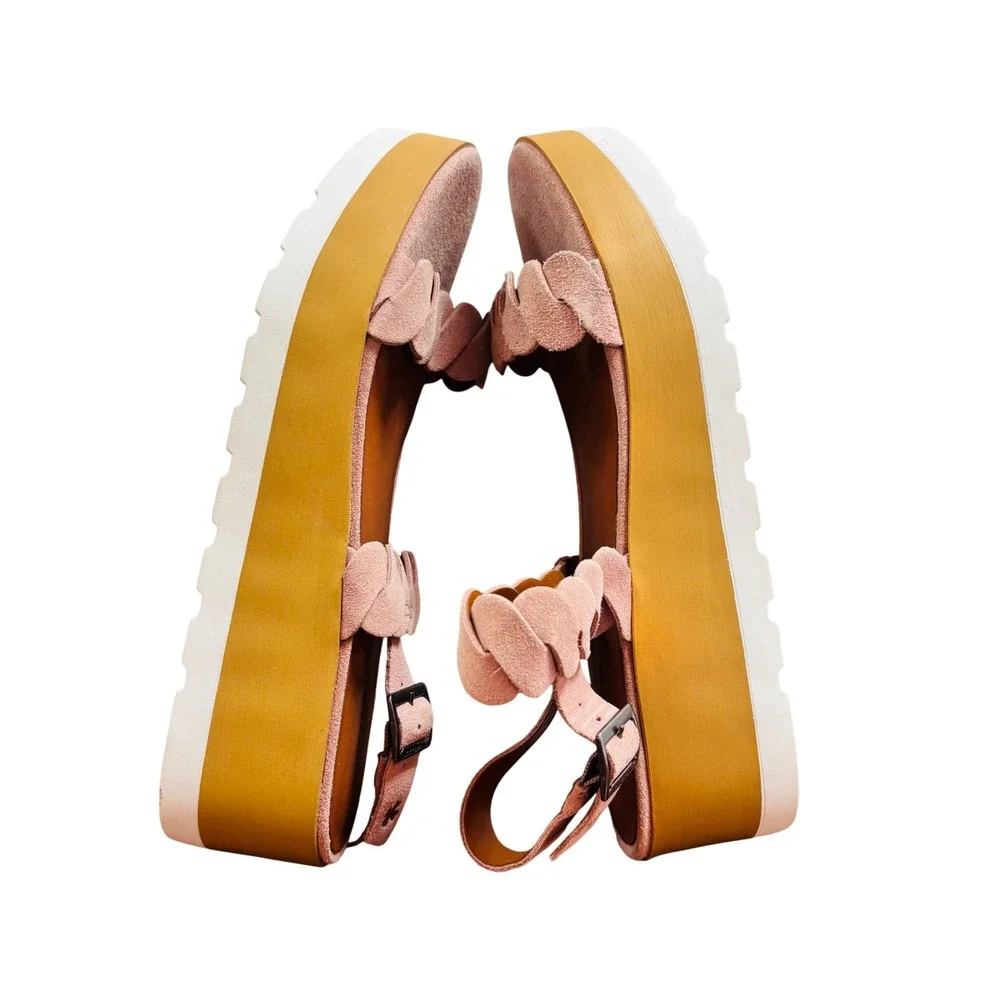 Lucky Brand Vellenora Pink Suede Scalloped Platform Wedge Sandals 9.5 M